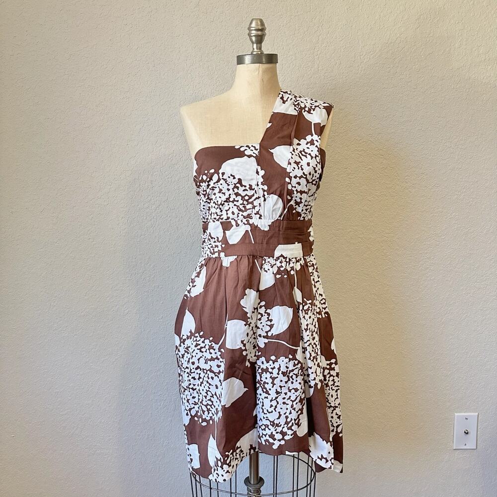 WHIT TWO ANTHROPOLOGIE One Shoulder Mini Dress Brown Floral